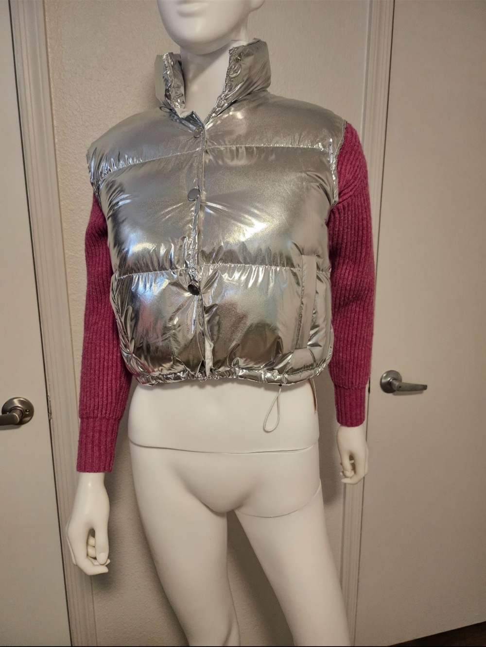 Silver Cropped Puffer Vest with Pink Knit Sleeves